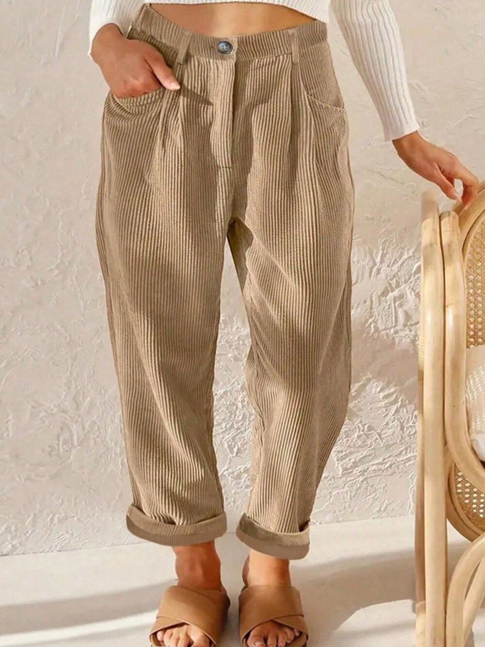 Khaki Casual Women's Plus Size Regular Corduroy Straight Leg Pants